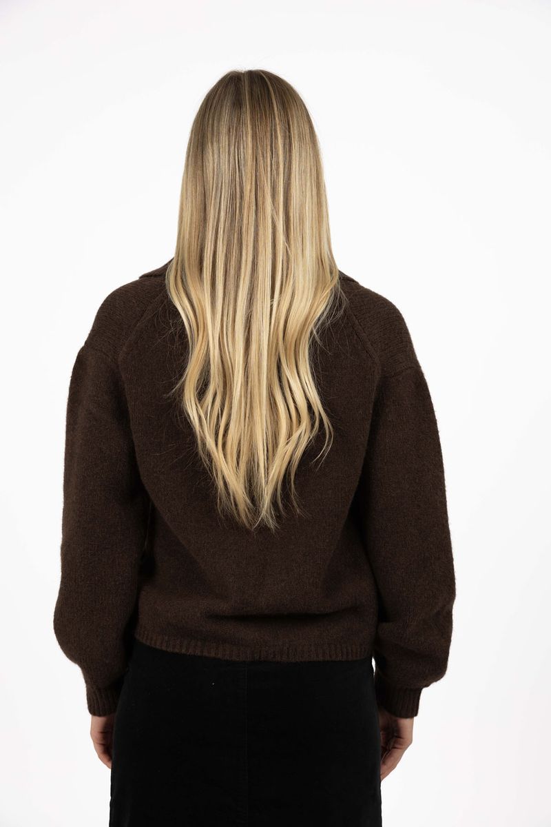 Model in studio wearing Liana Cardi in Chocolate, close-up back view  