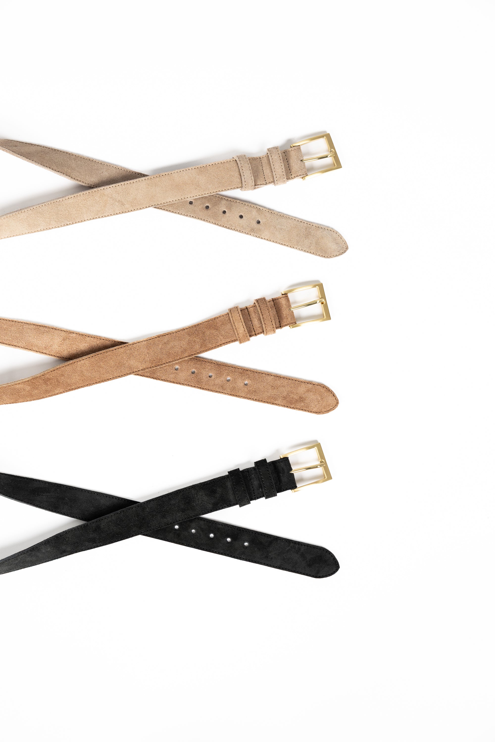 Three suede belts in 3 colours of black, camel and stone