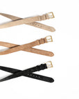 Three suede belts in 3 colours of black, camel and stone