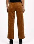 Model in studio wearing Va Va Velour Pant in Camel with black boots, close-up back view showing pocket embroidery 