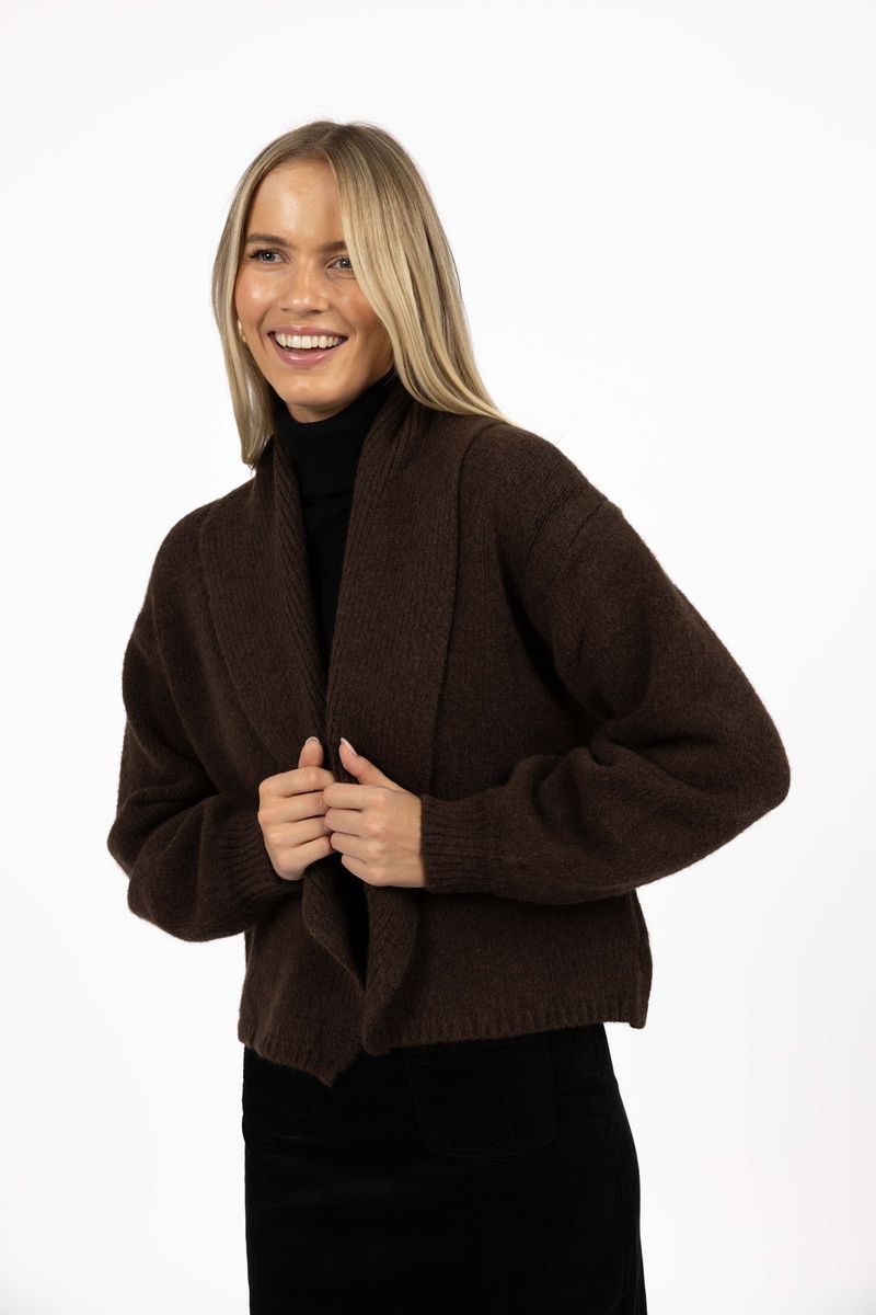 Model in studio wearing Liana Cardi in Chocolate over black skivvy, close-up front view holding lapels