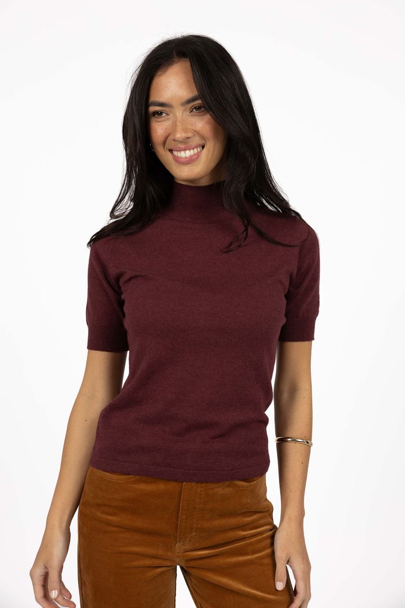Model in studio wearing Vera Top in Claret with Va Va Velour pant in Camel , close-up front view showing slim fit  