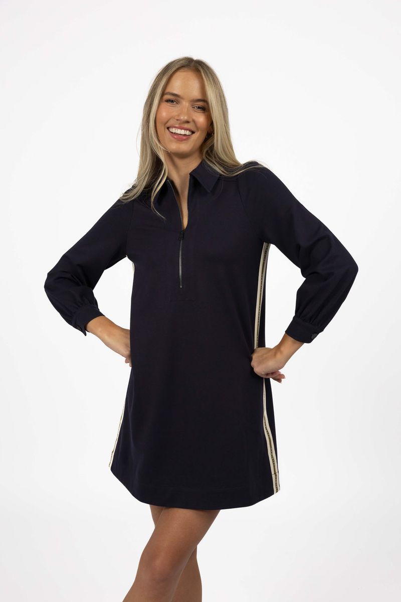 Model in studio wearing Remix Shift Dress in Navy, close-up front view showing mini length  